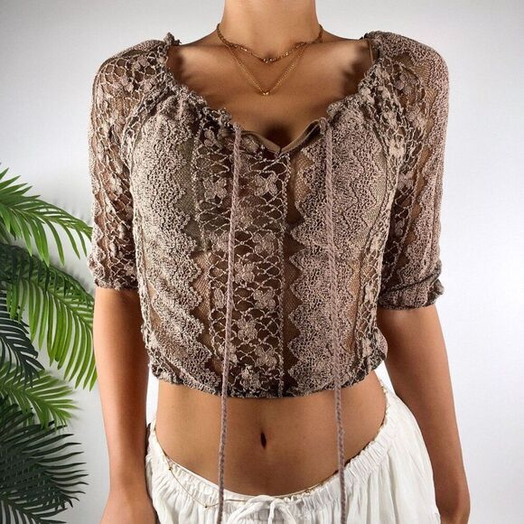 Vintage Brown Floral Fairy Grunge Cottagecore Sheer Knit Bohemian Crop Top / S - Picture 3 of 5